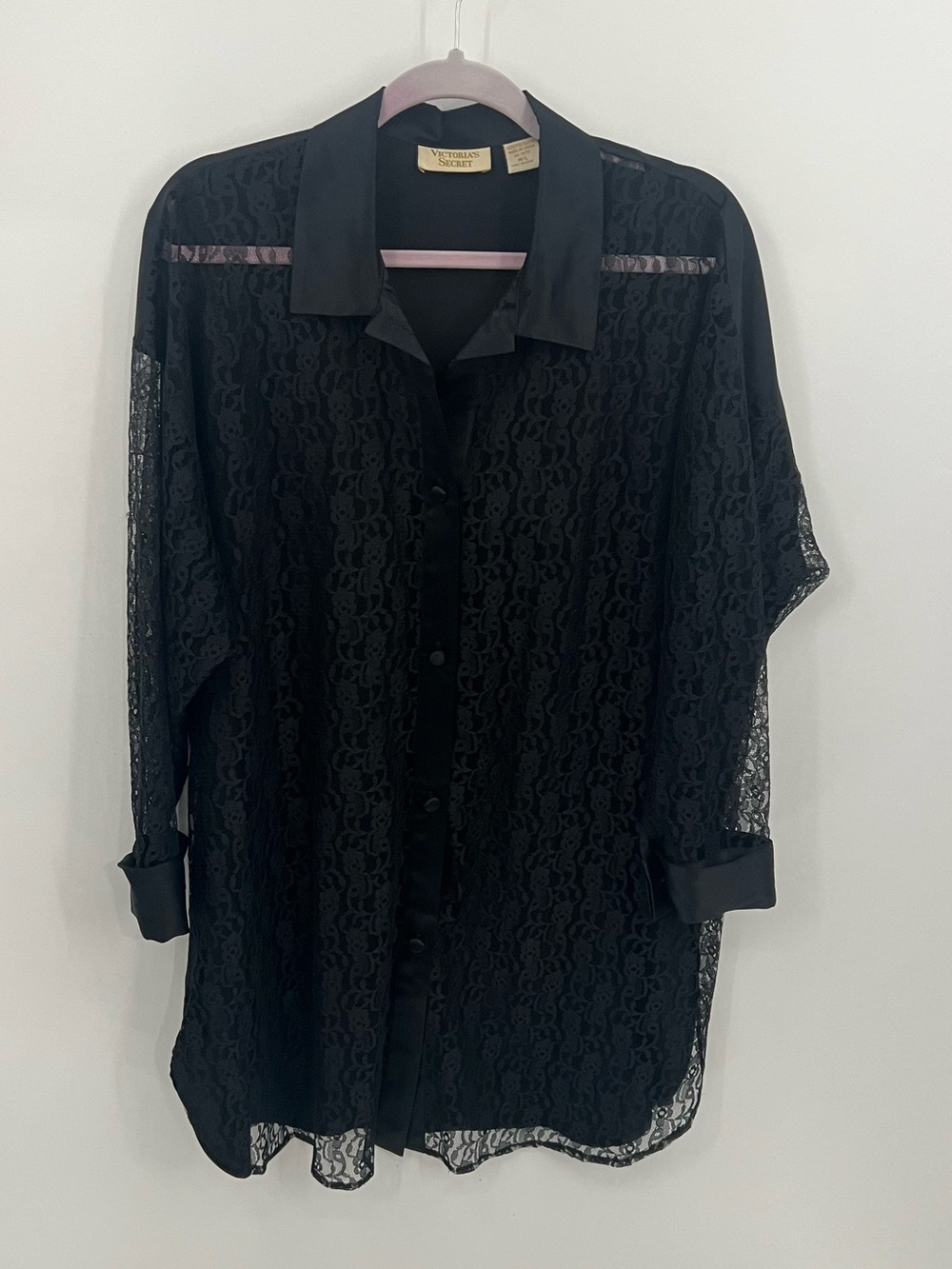 Vintage Victoria's Secret Black Lace Button-Down Shirt Dress with Satin Trim